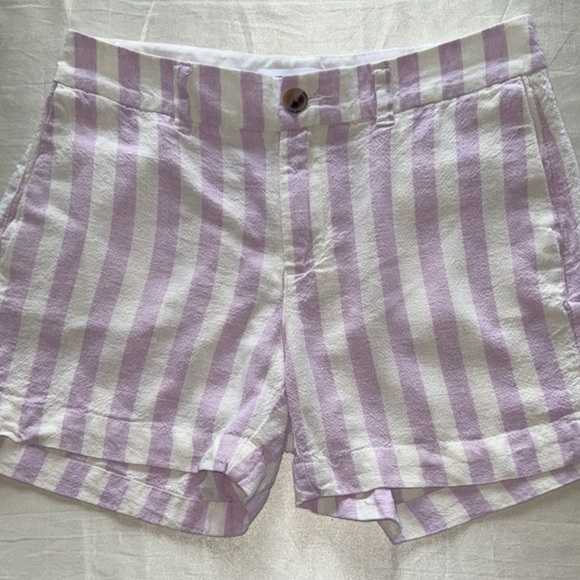 Old Navy Linen Everyday Shorts Lilac Stripe Notch Hem Mid Rise 5” Inseam Sz 2 - Picture 7 of 10